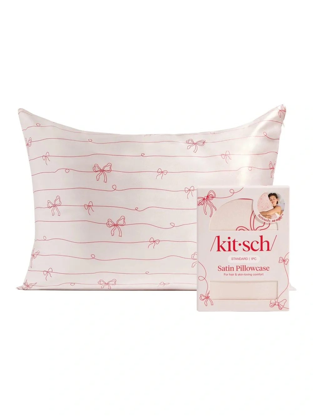 Kitsch Satin Pillowcase in Blush Pink with Bow Stripe Print